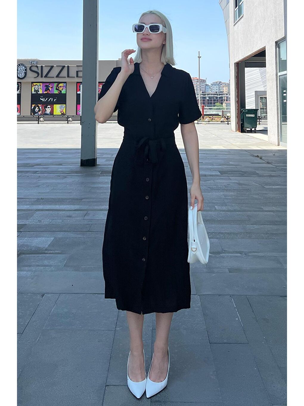 Siyah Gömlek Yaka Cep Detaylı Düğmeli Uzun Elbise Mg2083-4