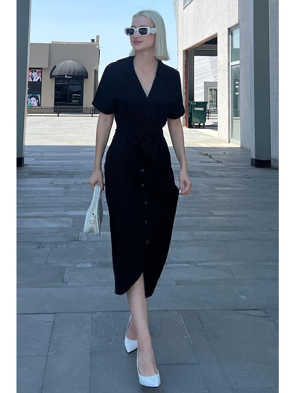 Siyah Gömlek Yaka Cep Detaylı Düğmeli Uzun Elbise Mg2083-5