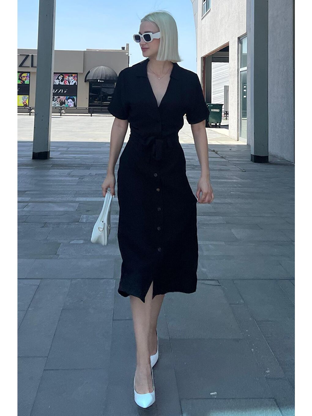 Siyah Gömlek Yaka Cep Detaylı Düğmeli Uzun Elbise Mg2083-6