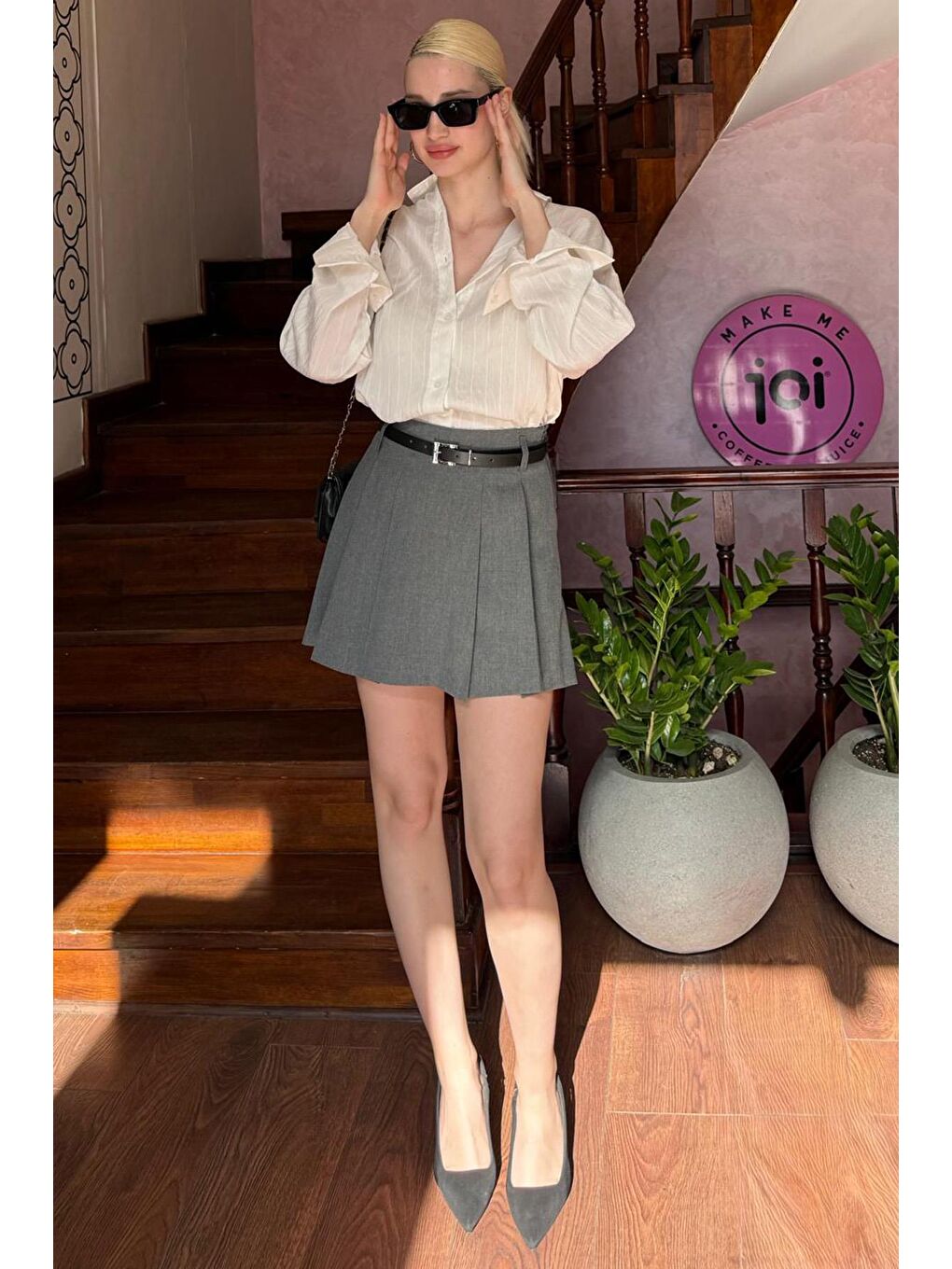 Antrasit Pileli Kadın Mini Şort Etek Mg2402-4