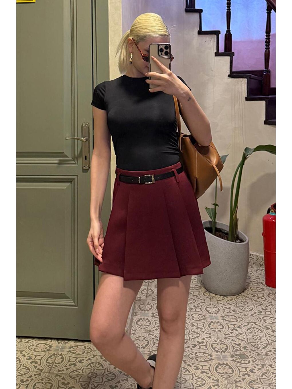 Bordo Pileli Kadın Mini Şort Etek Mg2402