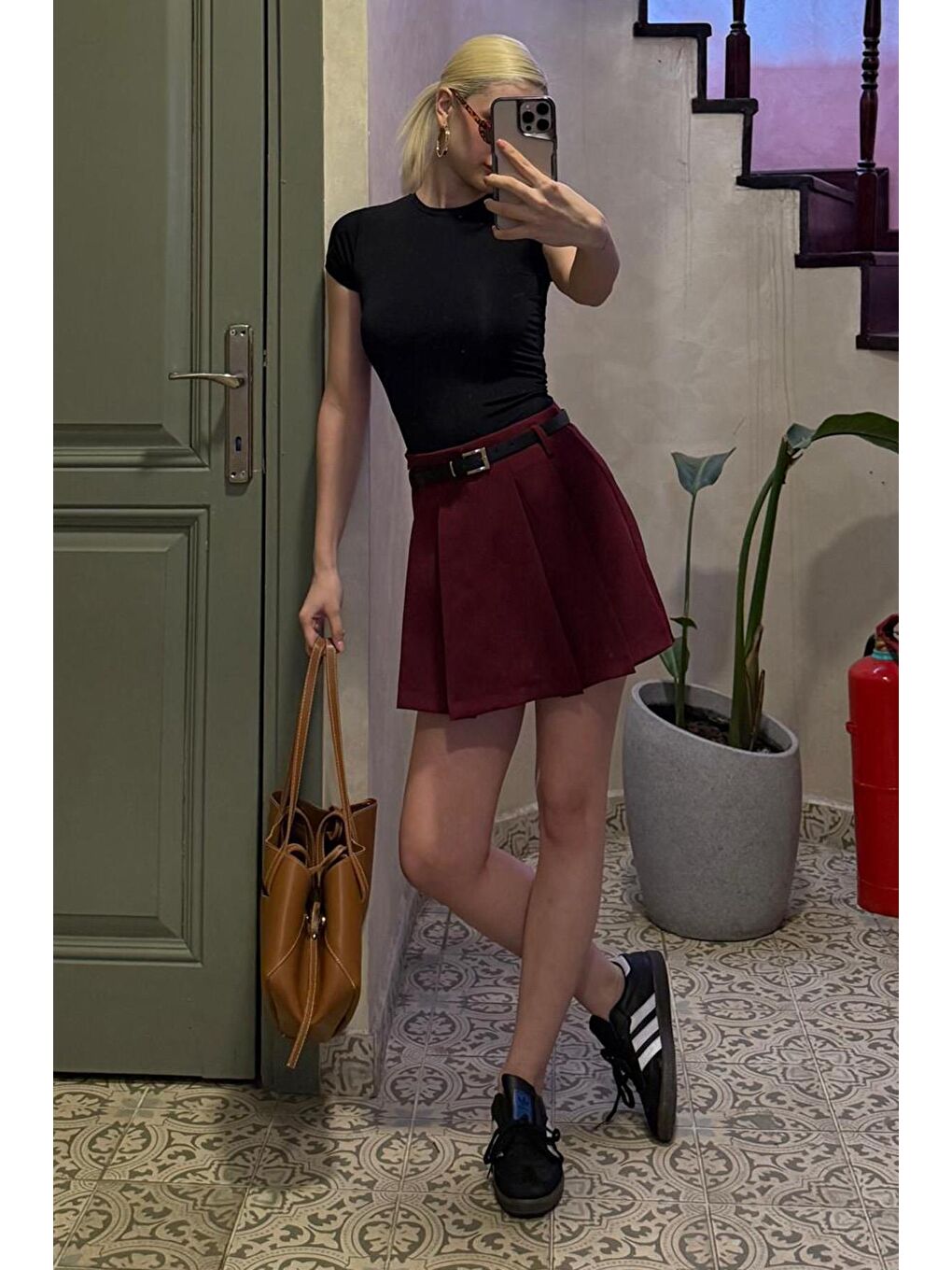 Bordo Pileli Kadın Mini Şort Etek Mg2402-2