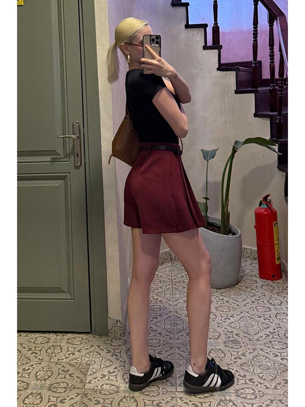 Bordo Pileli Kadın Mini Şort Etek Mg2402-3