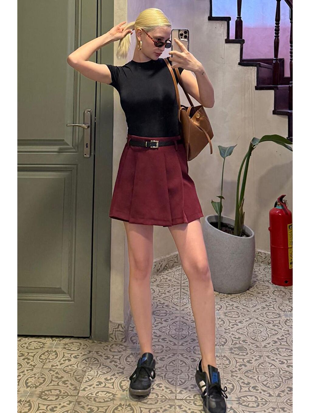 Bordo Pileli Kadın Mini Şort Etek Mg2402-5