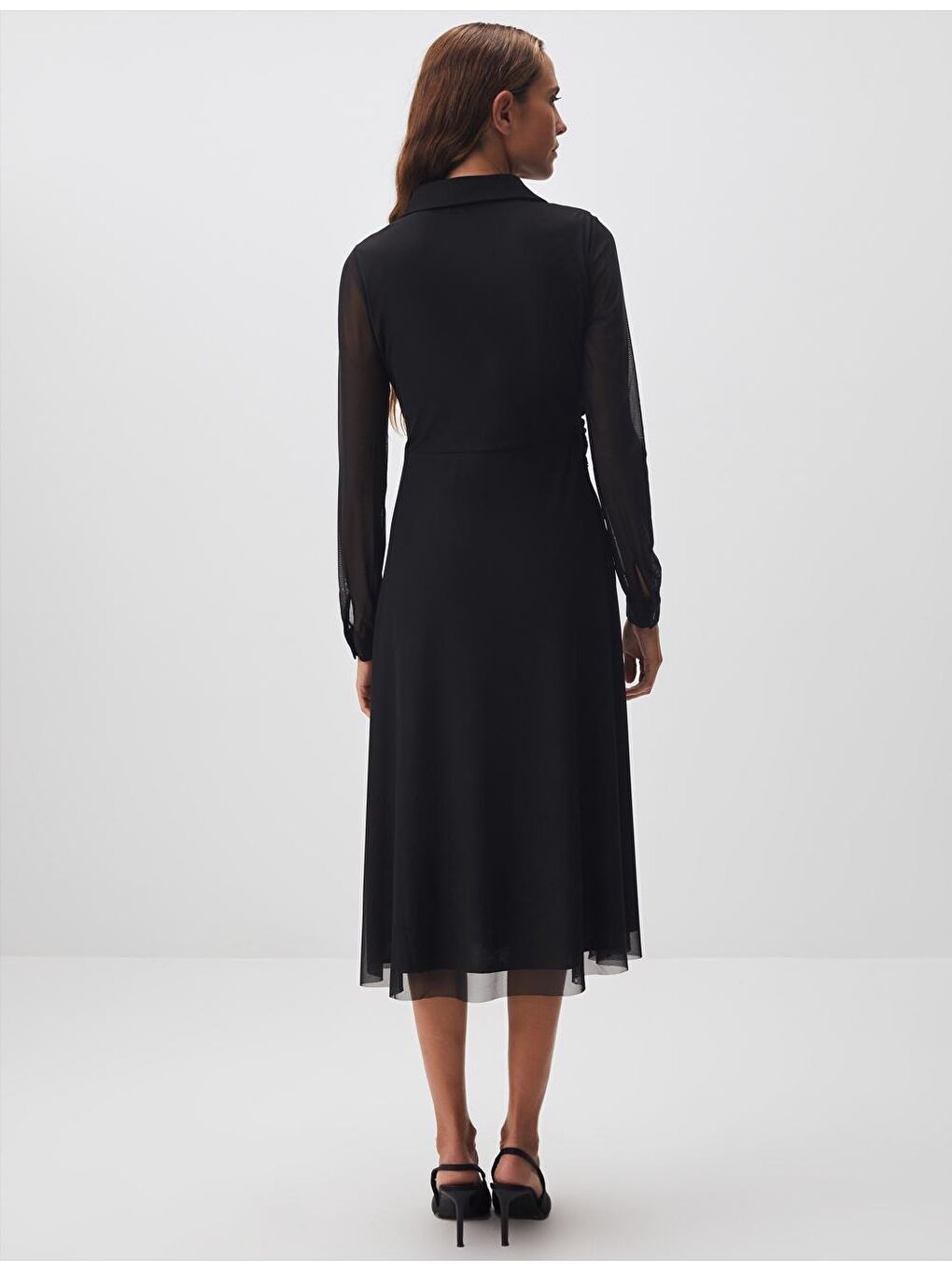 Siyah Polo Yaka Uzun Kollu Midi Mesh Elbise-5