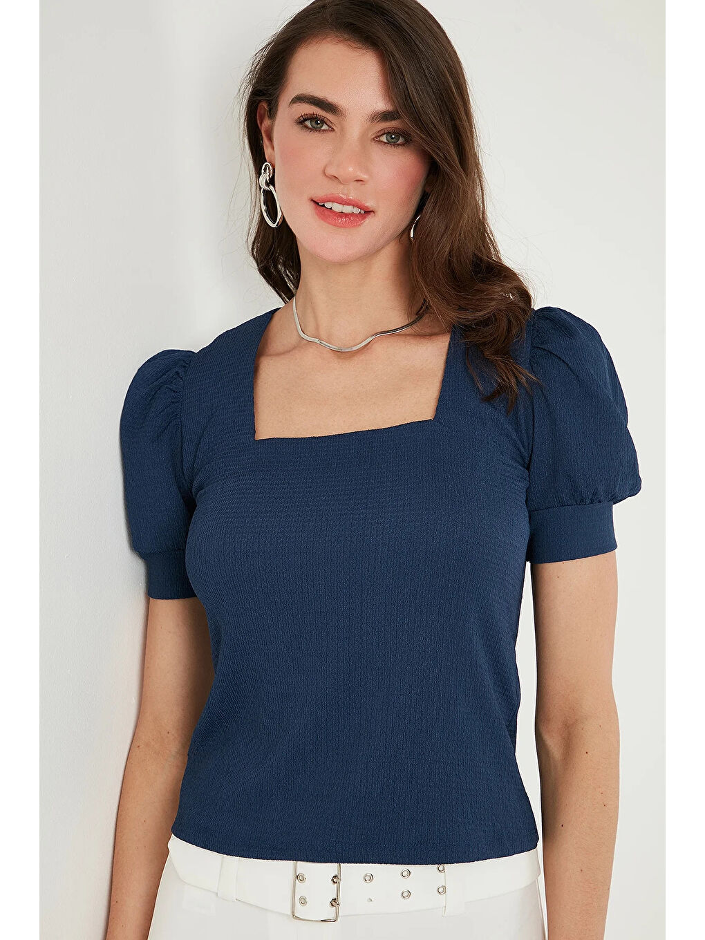 Kadın Lacivert Kare Yaka Örme Bluz HZL22W-BD104091