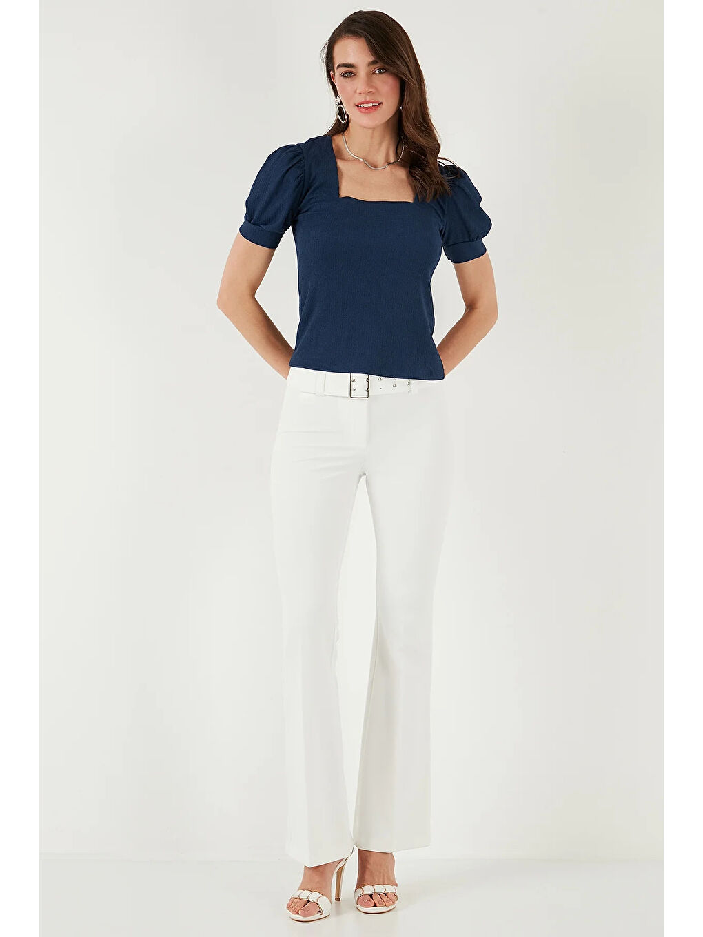 Kadın Lacivert Kare Yaka Örme Bluz HZL22W-BD104091-1