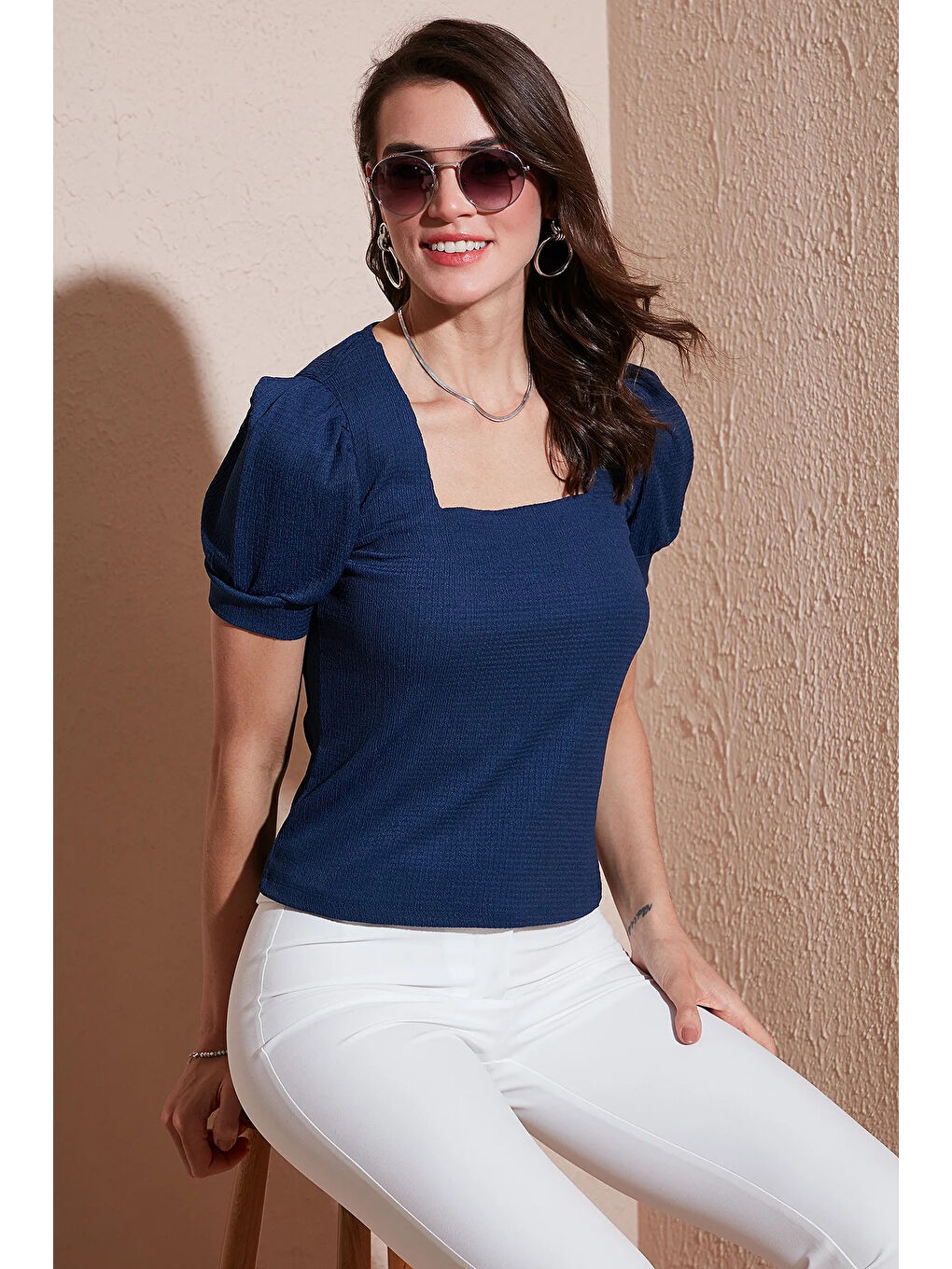 Kadın Lacivert Kare Yaka Örme Bluz HZL22W-BD104091-2