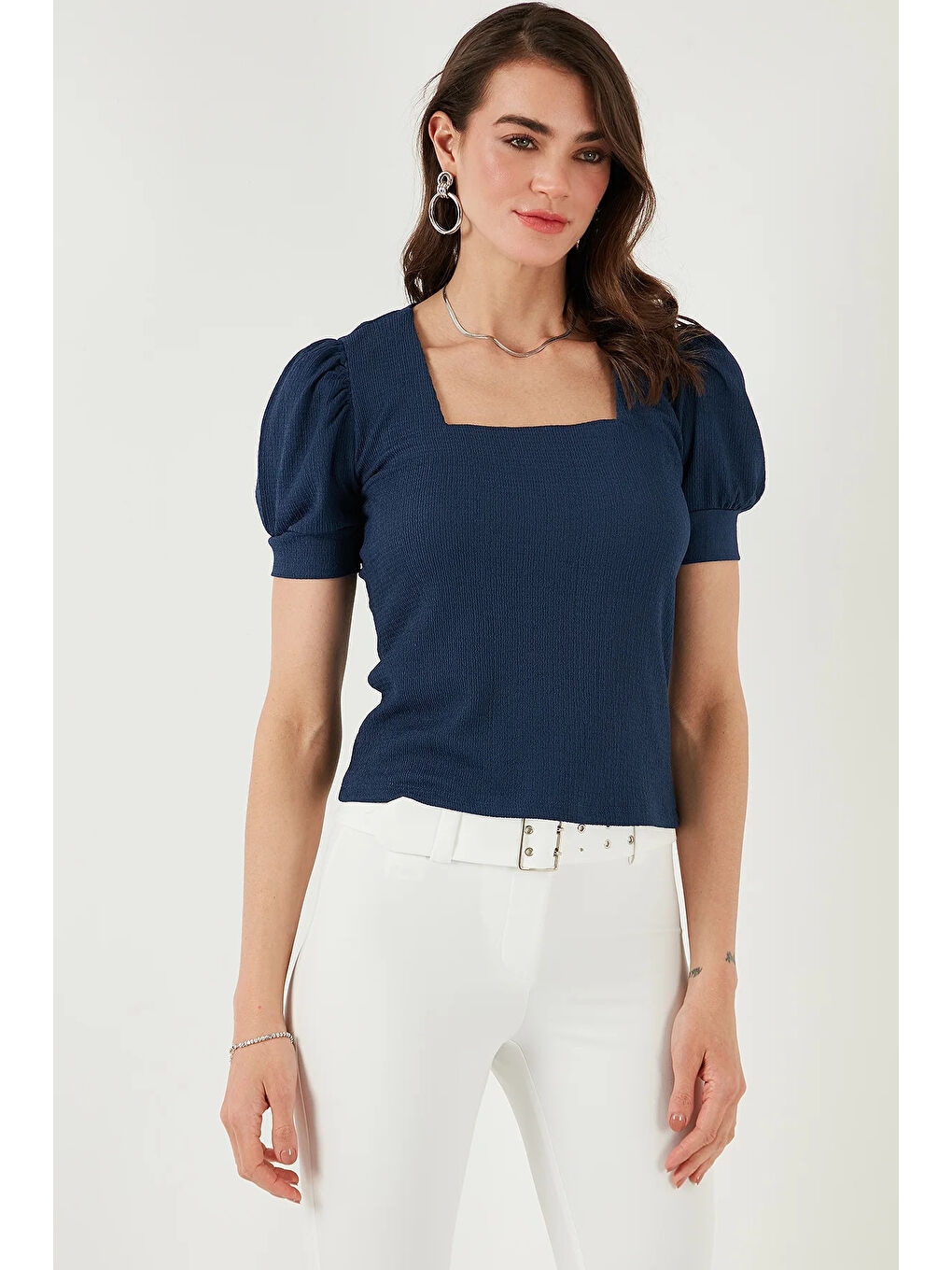 Kadın Lacivert Kare Yaka Örme Bluz HZL22W-BD104091-4