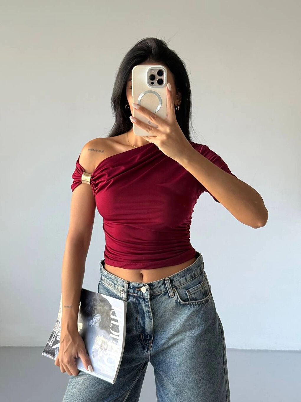 Kadın Bordo Asimetrik Drapelim Omuz Aksesuarlı Sandy Bluz HZL25S-FRY123231-2