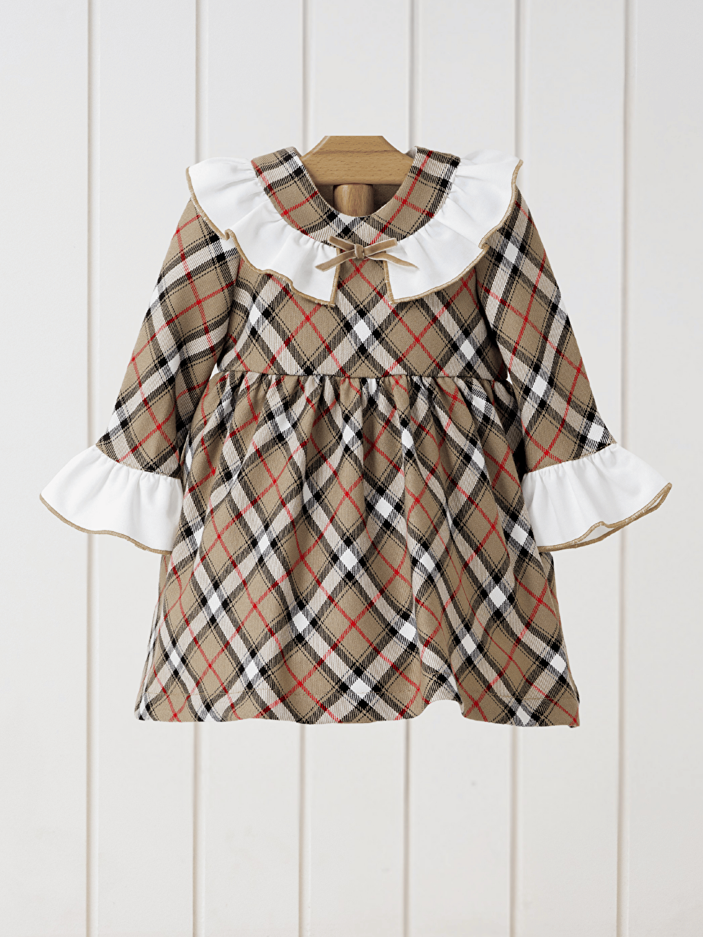 Bej Bisiklet Yaka Uzun Kollu Kız Bebek Elbise ve Saç Bandı-1