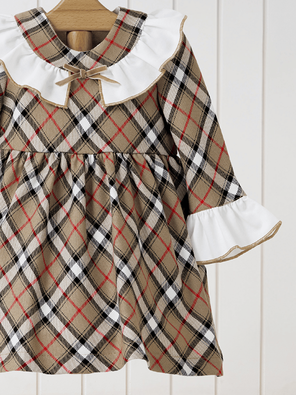 Bej Bisiklet Yaka Uzun Kollu Kız Bebek Elbise ve Saç Bandı-2