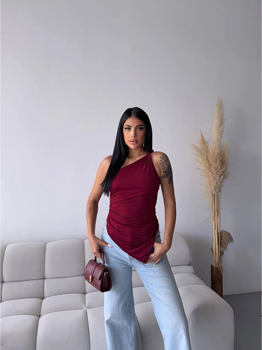 Kadın Bordo Tek Omuz Asimetrik Kesim Sandy Bluz HZL25S-FRY123241-3