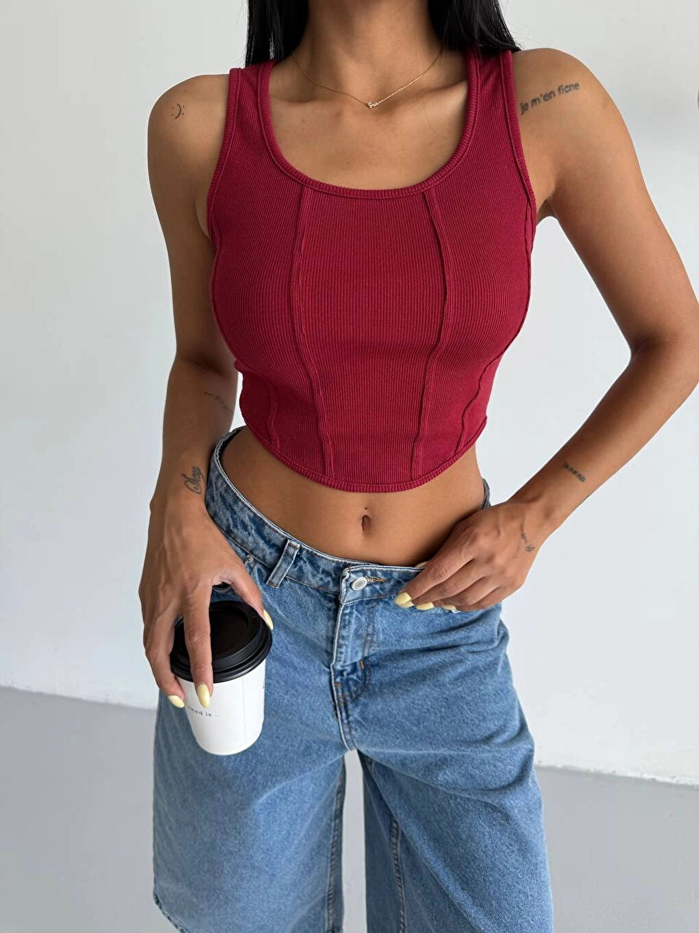 Kadın Bordo Fitilli Kaşkorse Crop Bluz HZL25S-FRY123171-3