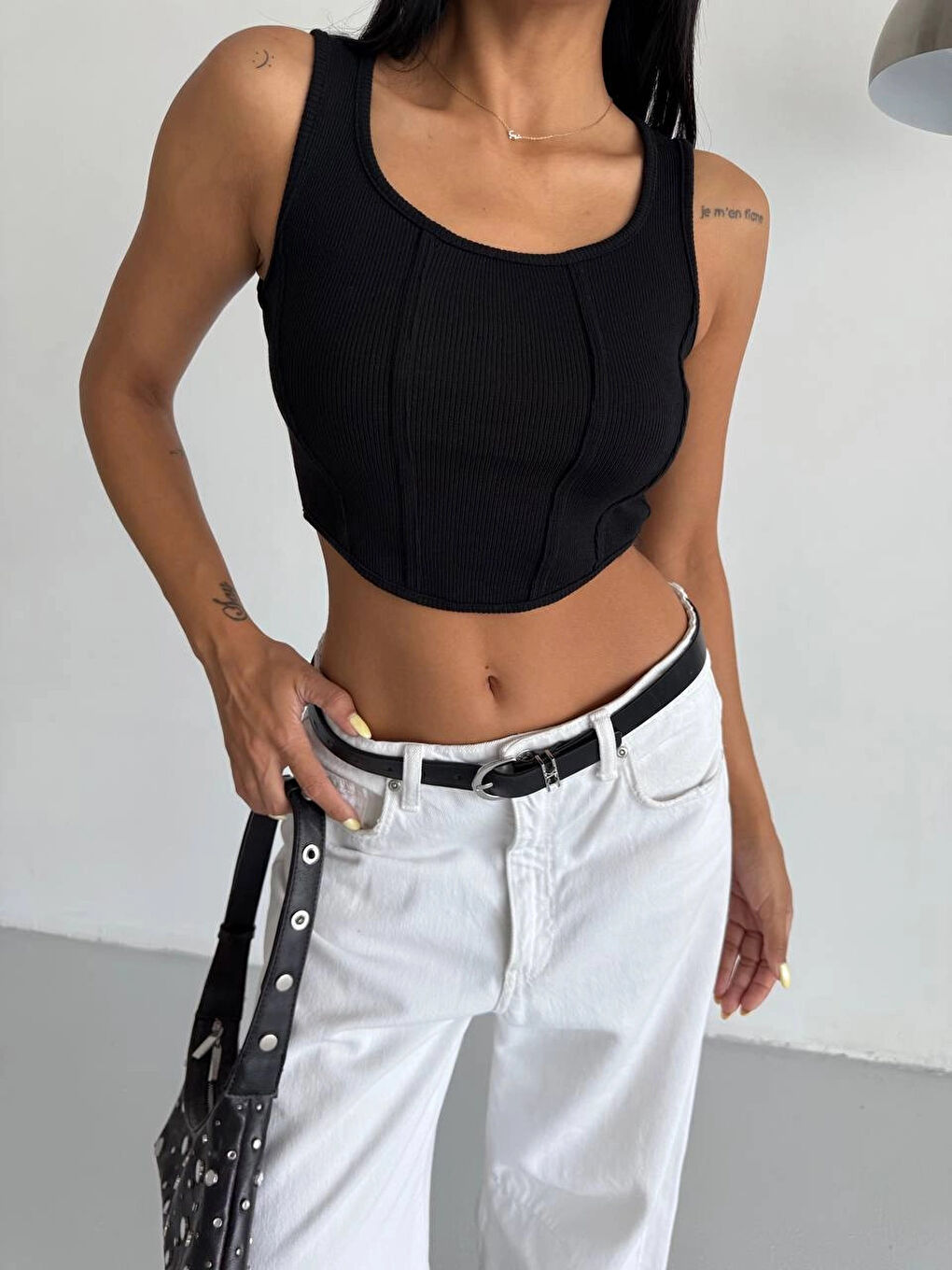 Kadın Siyah Fitilli Kaşkorse Crop Bluz HZL25S-FRY123171-2