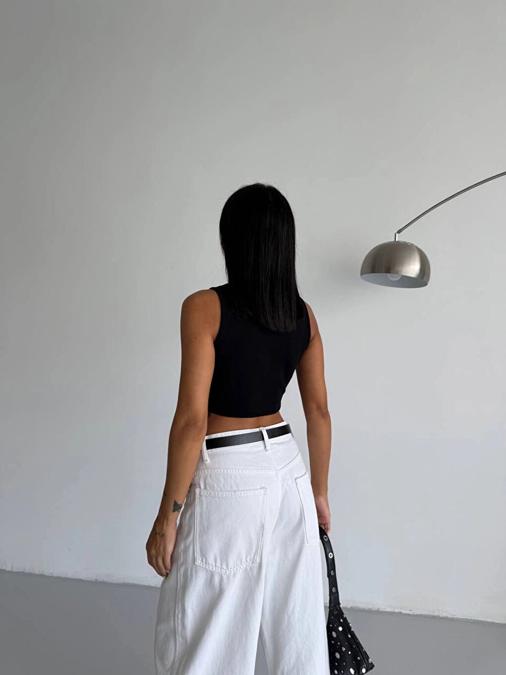 Kadın Siyah Fitilli Kaşkorse Crop Bluz HZL25S-FRY123171-3