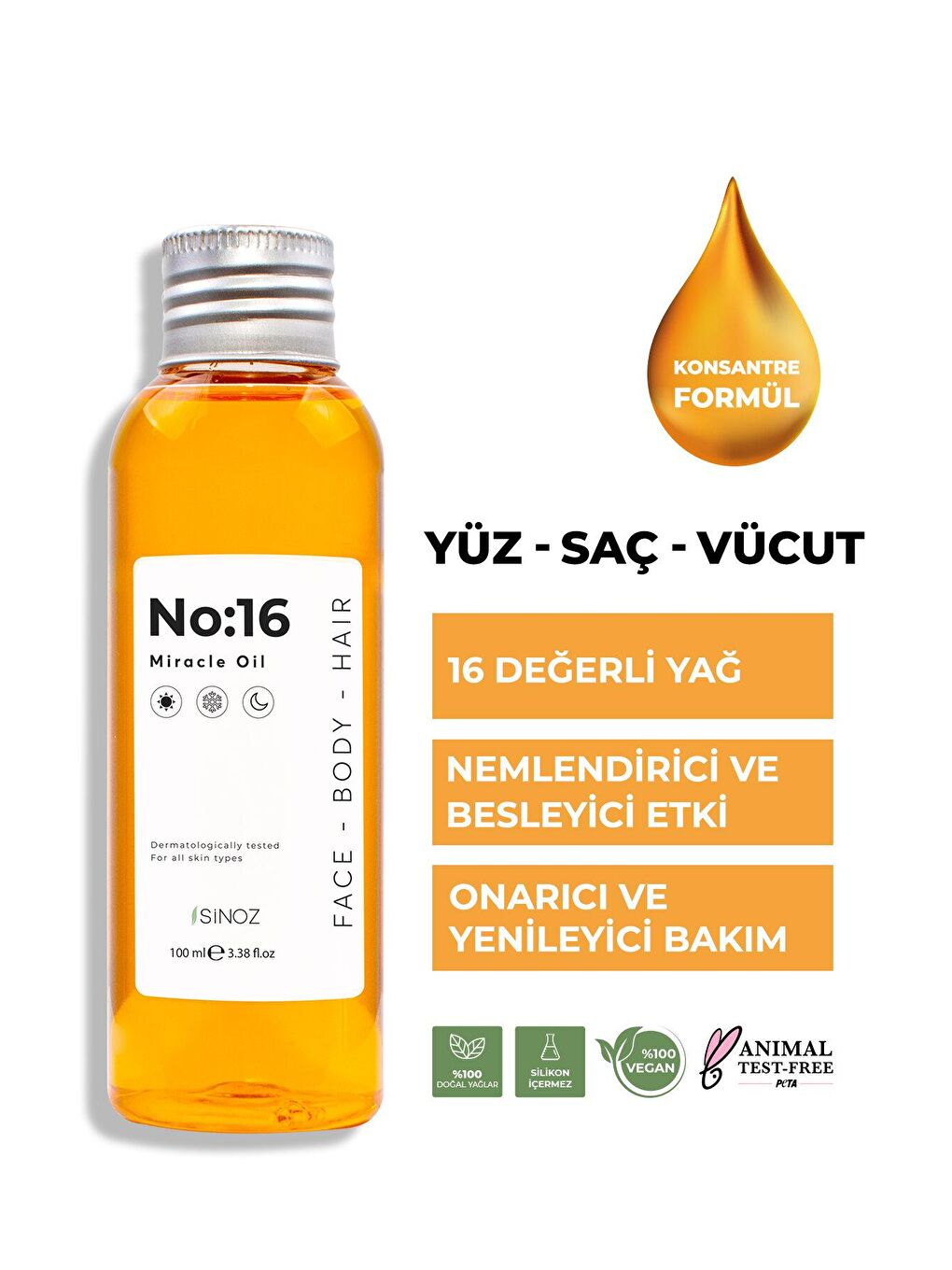 Sinoz Şeffaf No:16 Nemlendirici Besleyici Yenileyici Işıltı Verici Mucizevi Onarıcı Bakım Yağı 100 ML