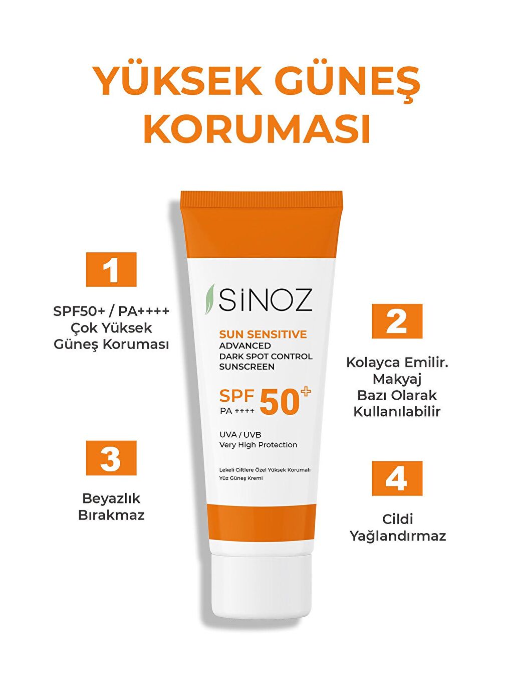 Sinoz Şeffaf SPF 50+ Aydınlatıcı Etkili Yüksek Koruyucu Niacinamide İçeren Yüz Güneş Kremi 50 ml - 1