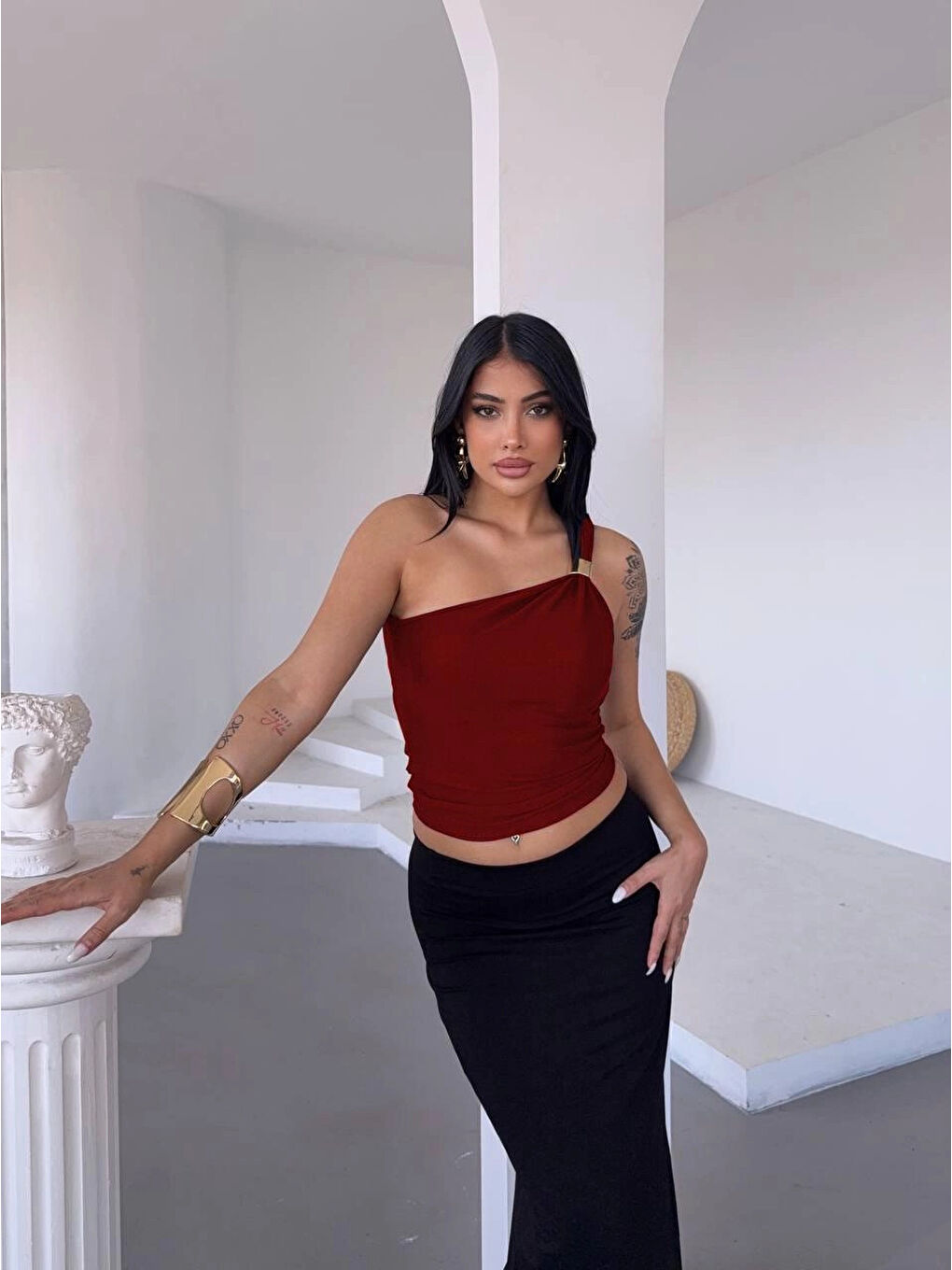 Kadın Bordo Tek Omuz Gold Metal Detaylı Bluz HZL25S-FRY123111-1