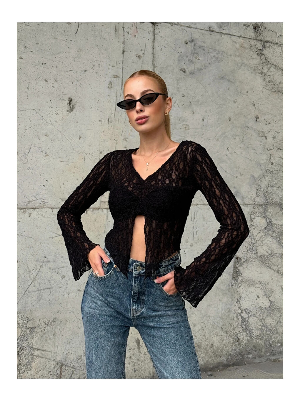 Kadın Siyah Önü Büzgülü İspanyol Kol Tül Bluz HZL24S-ZK13381