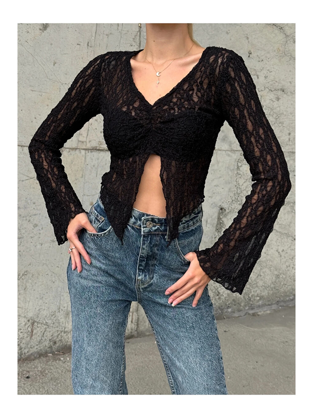 Kadın Siyah Önü Büzgülü İspanyol Kol Tül Bluz HZL24S-ZK13381-1