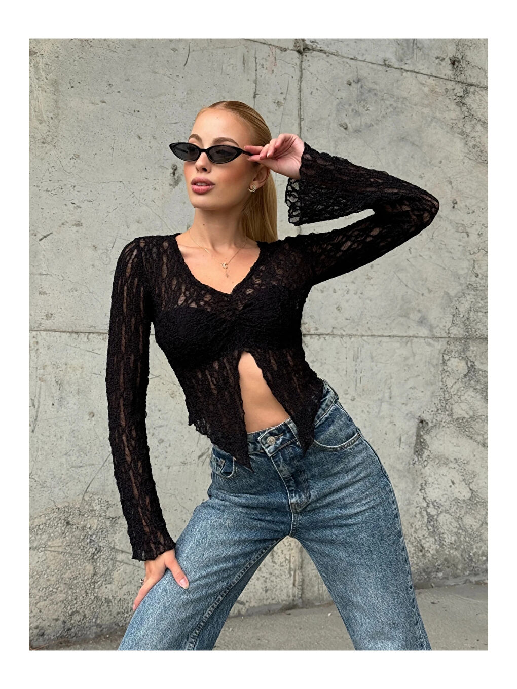 Kadın Siyah Önü Büzgülü İspanyol Kol Tül Bluz HZL24S-ZK13381-2