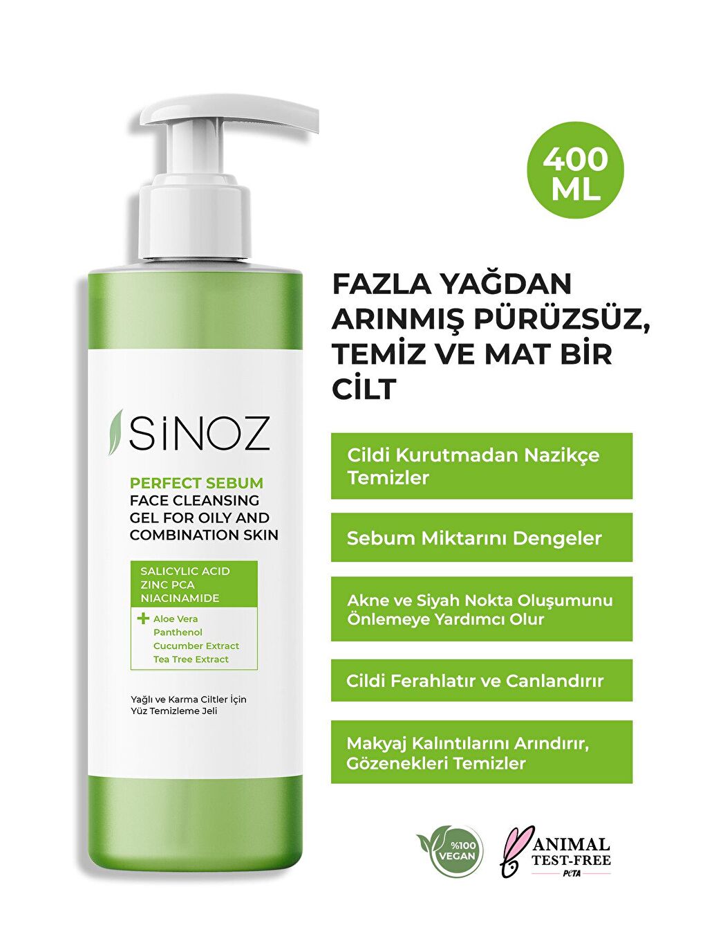 Sinoz Şeffaf Perfect Sebum Dengeleyici Yüz Temizleme Jeli 400 ML Yağlı Karma Ciltler için