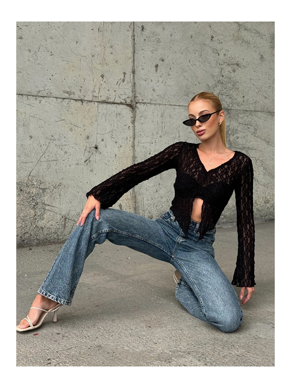 Kadın Siyah Önü Büzgülü İspanyol Kol Tül Bluz HZL24S-ZK13381-3