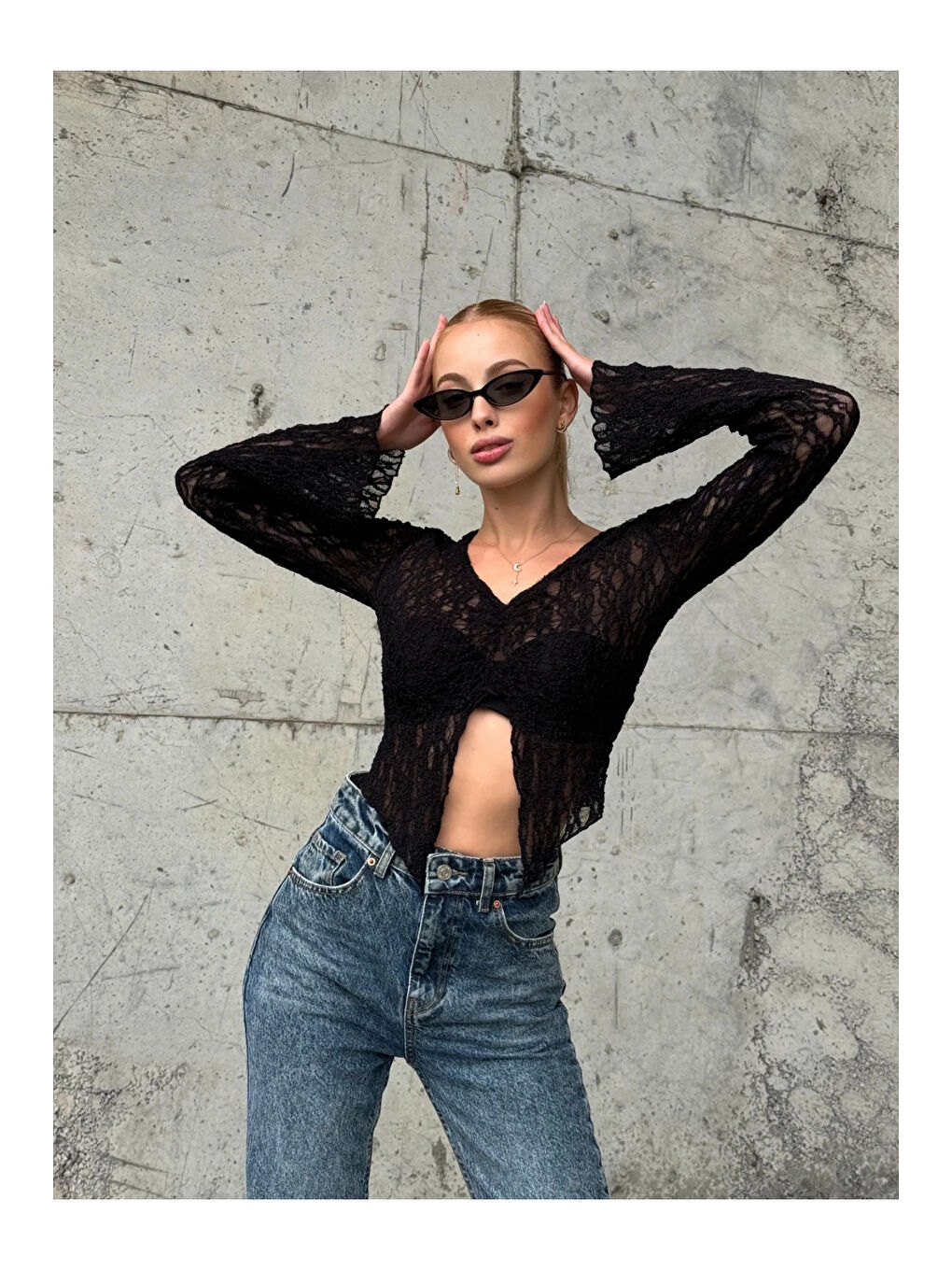 Kadın Siyah Önü Büzgülü İspanyol Kol Tül Bluz HZL24S-ZK13381-4