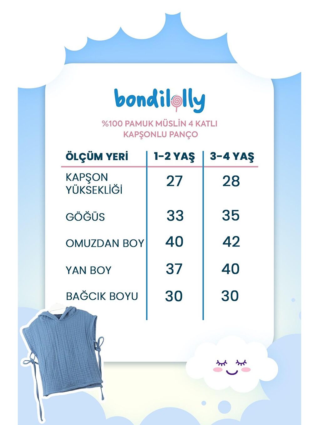 Bondilolly Koyu Mint Yeşili Bebek Müslin Panço Kapüşonlu Bağlamalı %100 Pamuk MİNT TEKLI - 3