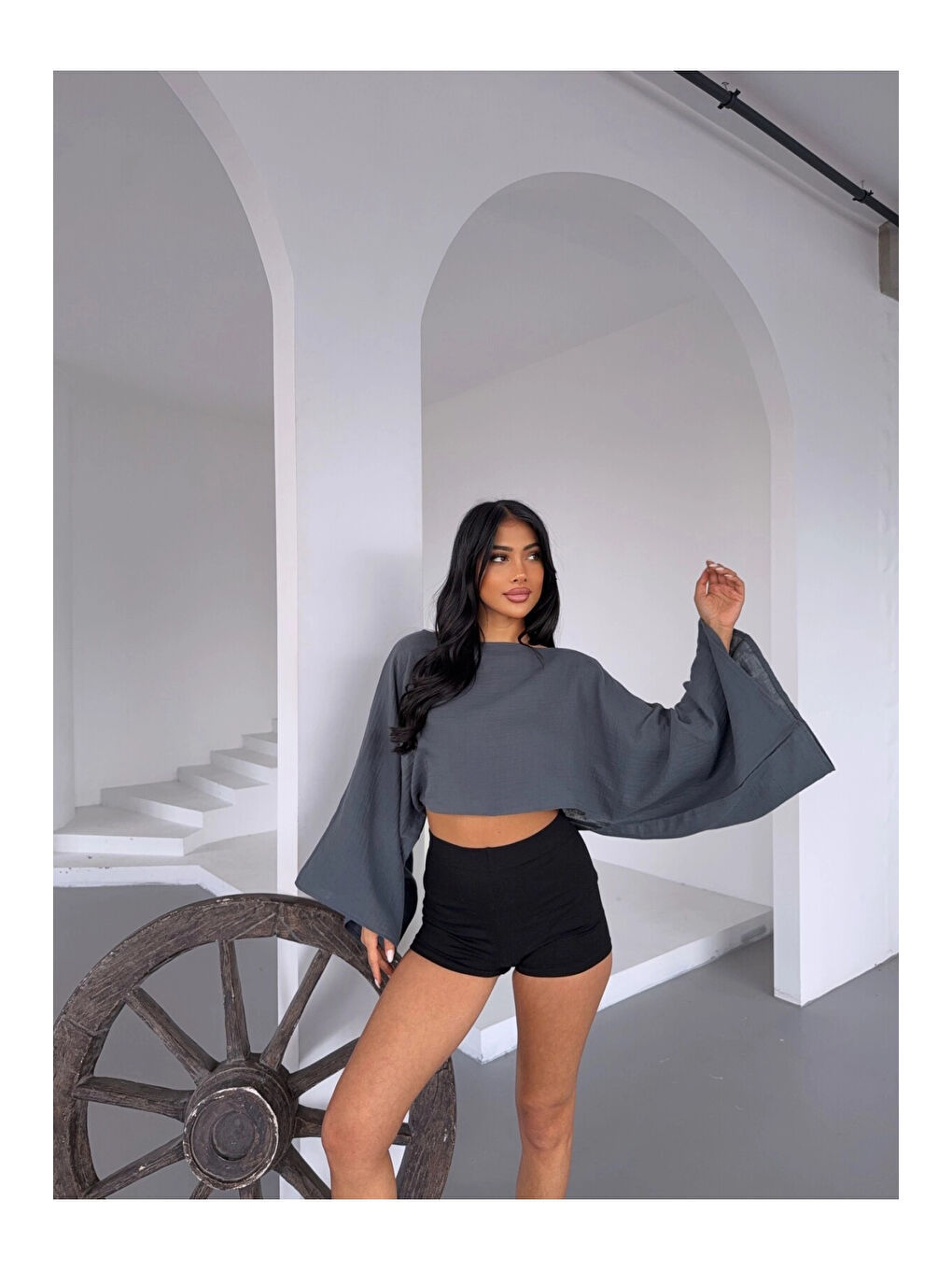 Kadın Antrasit Panço Model Müslin Bluz HZL25S-DSB16161-2