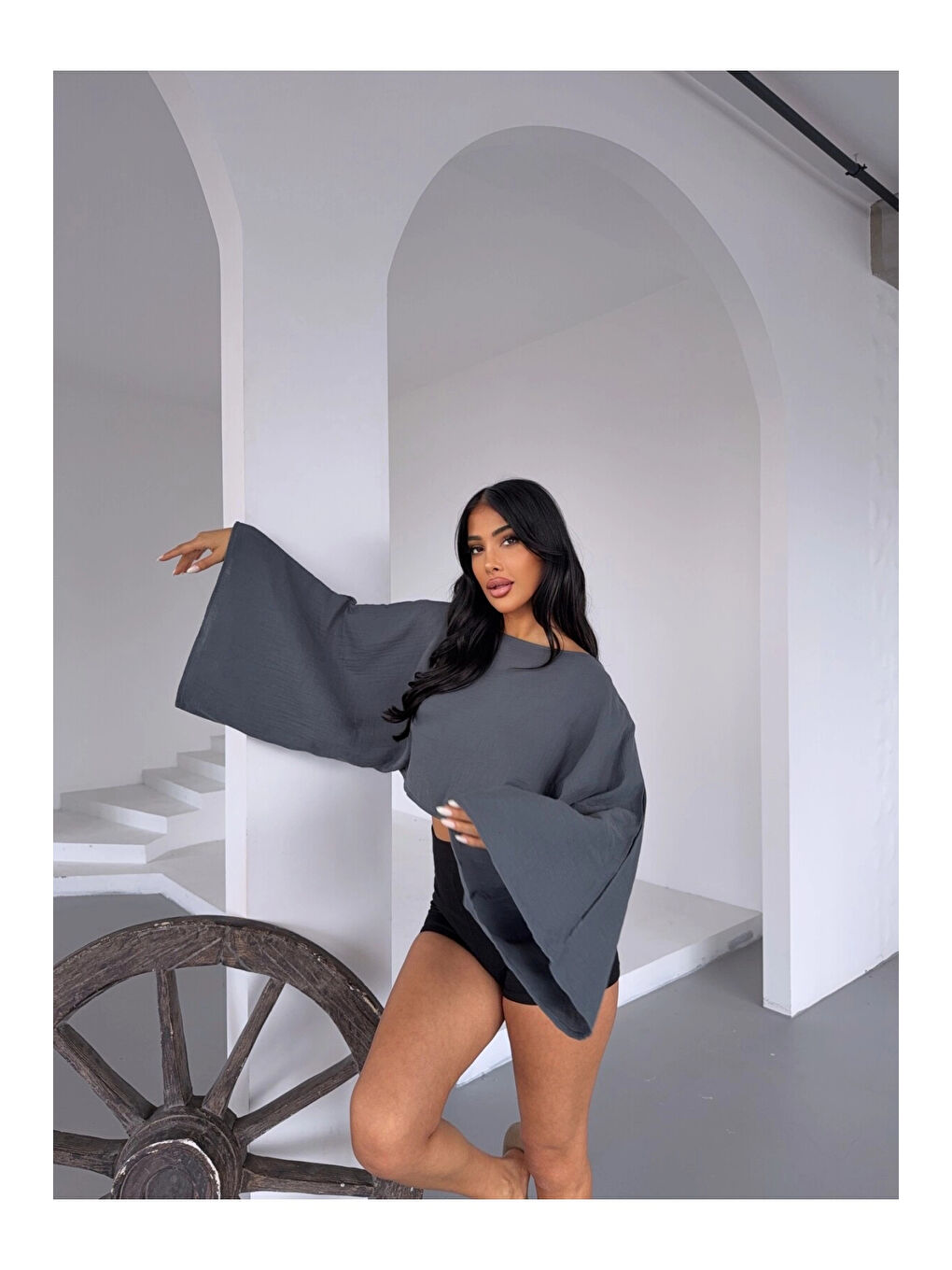 Kadın Antrasit Panço Model Müslin Bluz HZL25S-DSB16161-3