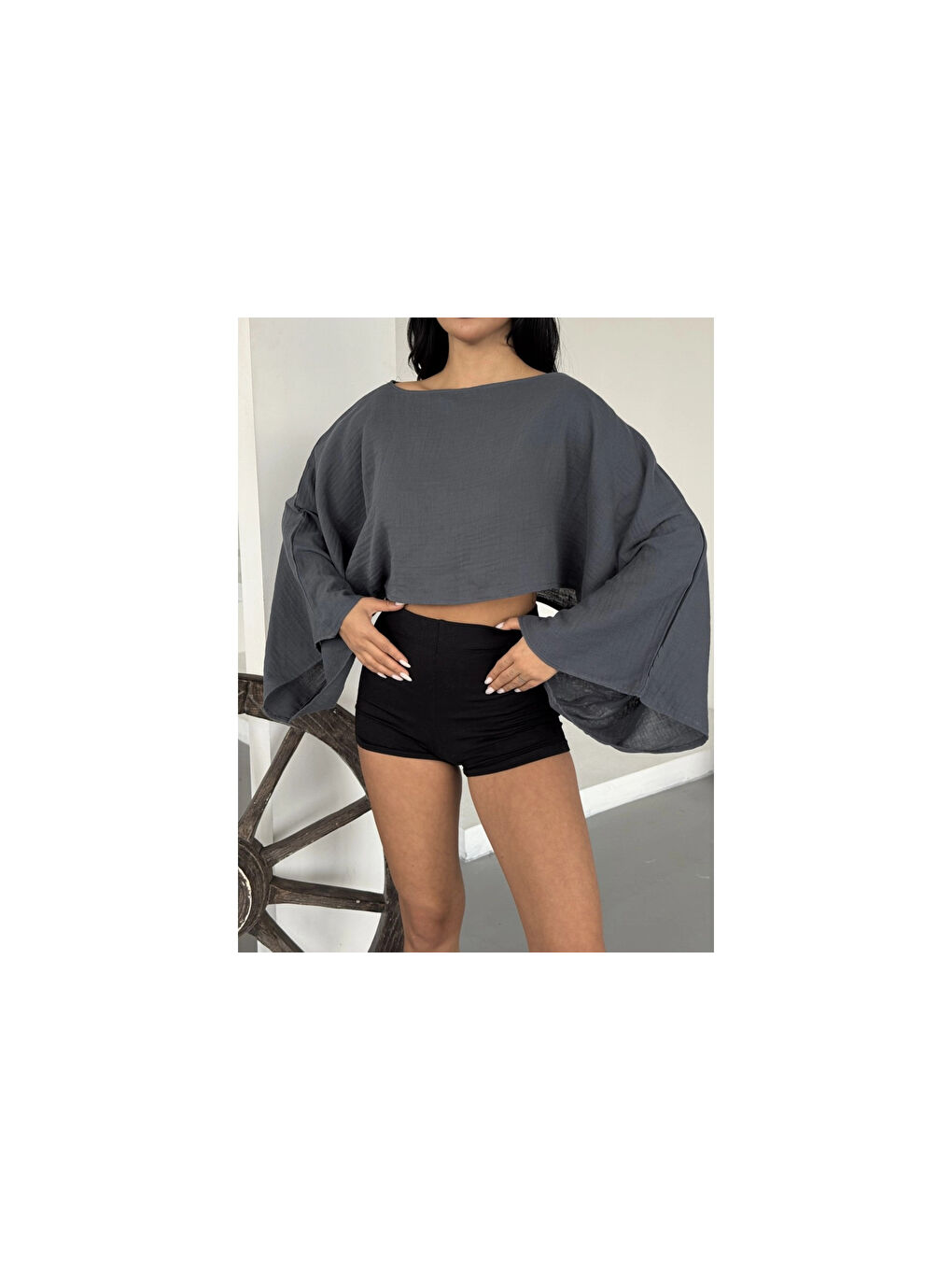 Kadın Antrasit Panço Model Müslin Bluz HZL25S-DSB16161-4