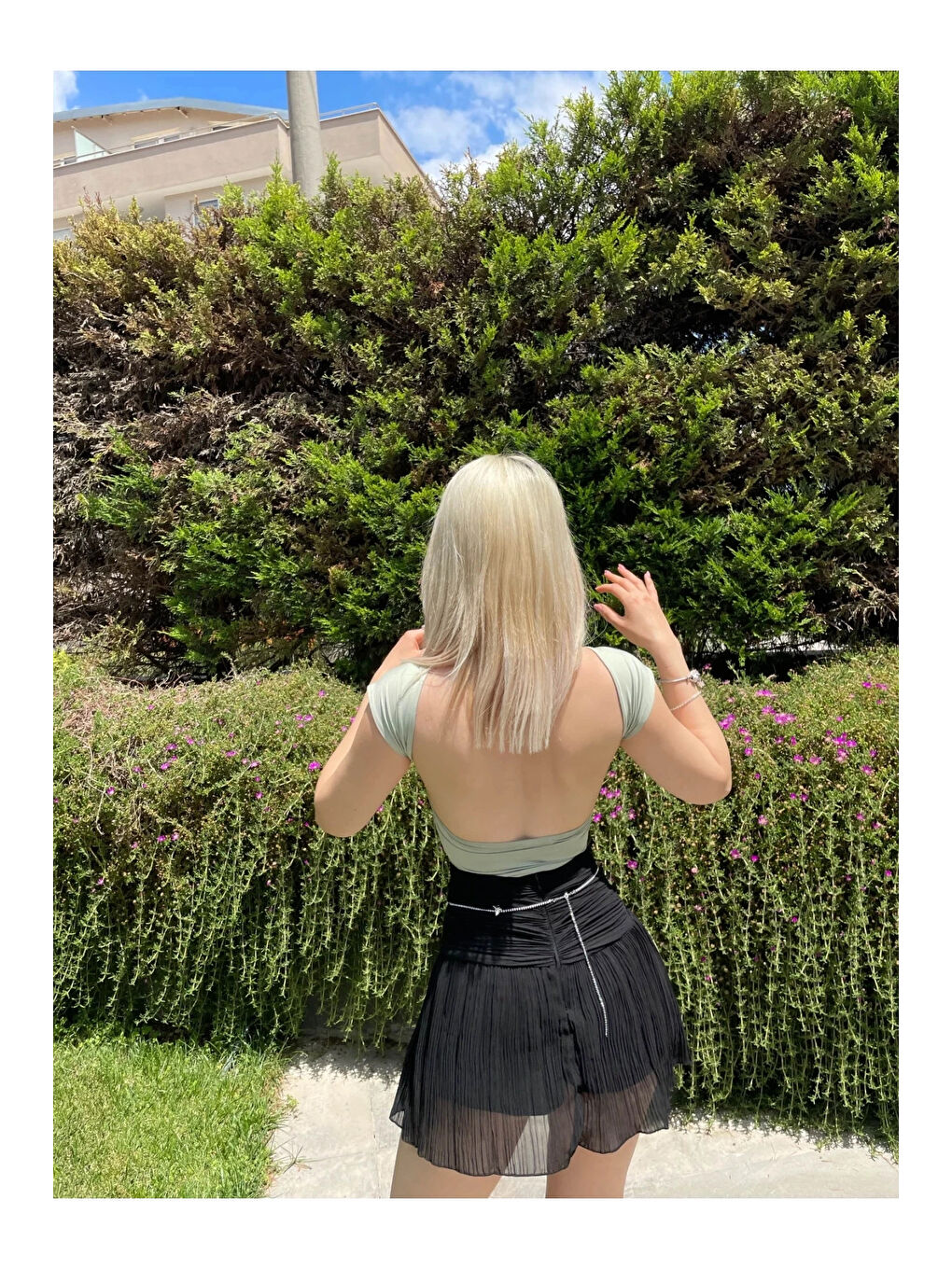 Kadın Çağla Yeşili Sırt Dekolteli Kısa Kollu Bluz HZL24S-ZK10831-2