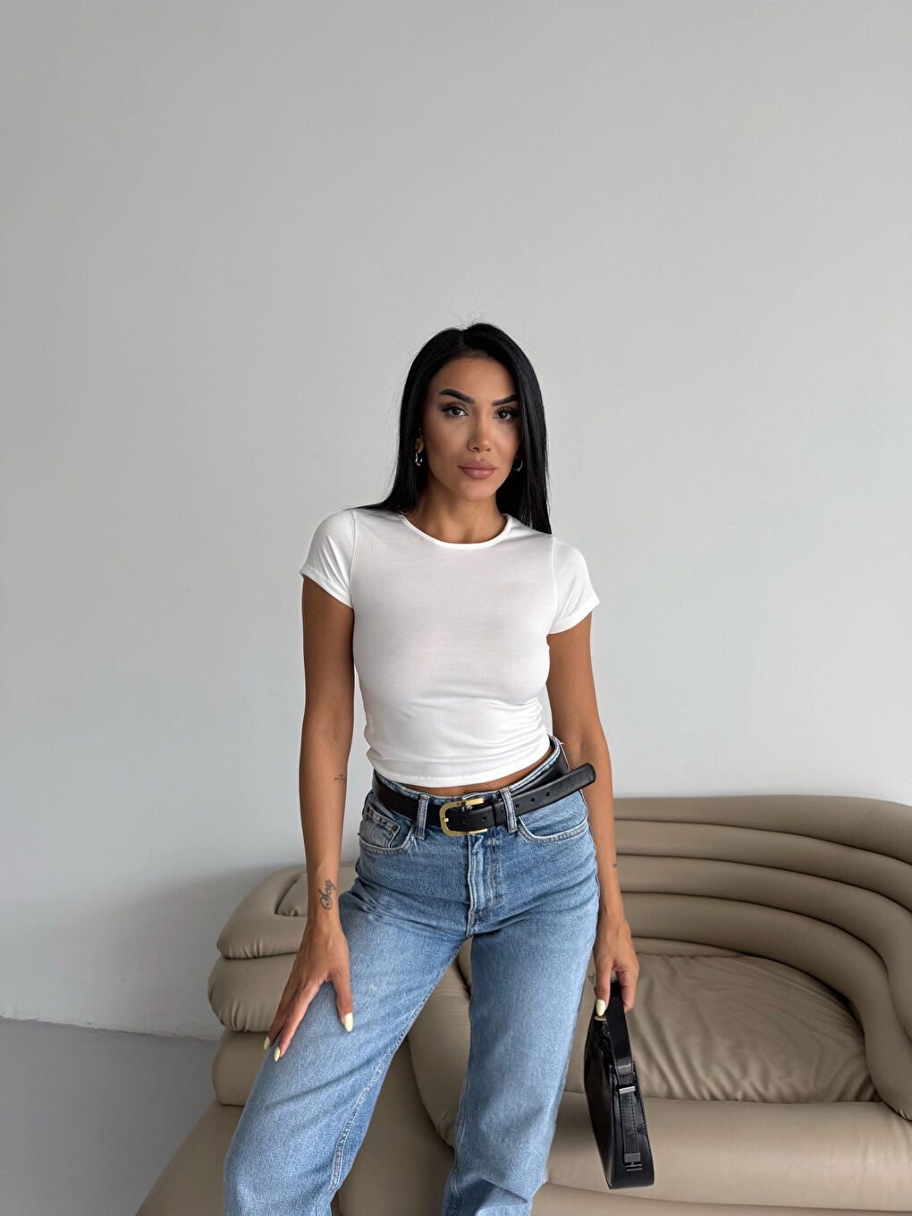 Kadın Beyaz Bisiklet Yaka Sandy Bluz HZL25S-FRY123191-2