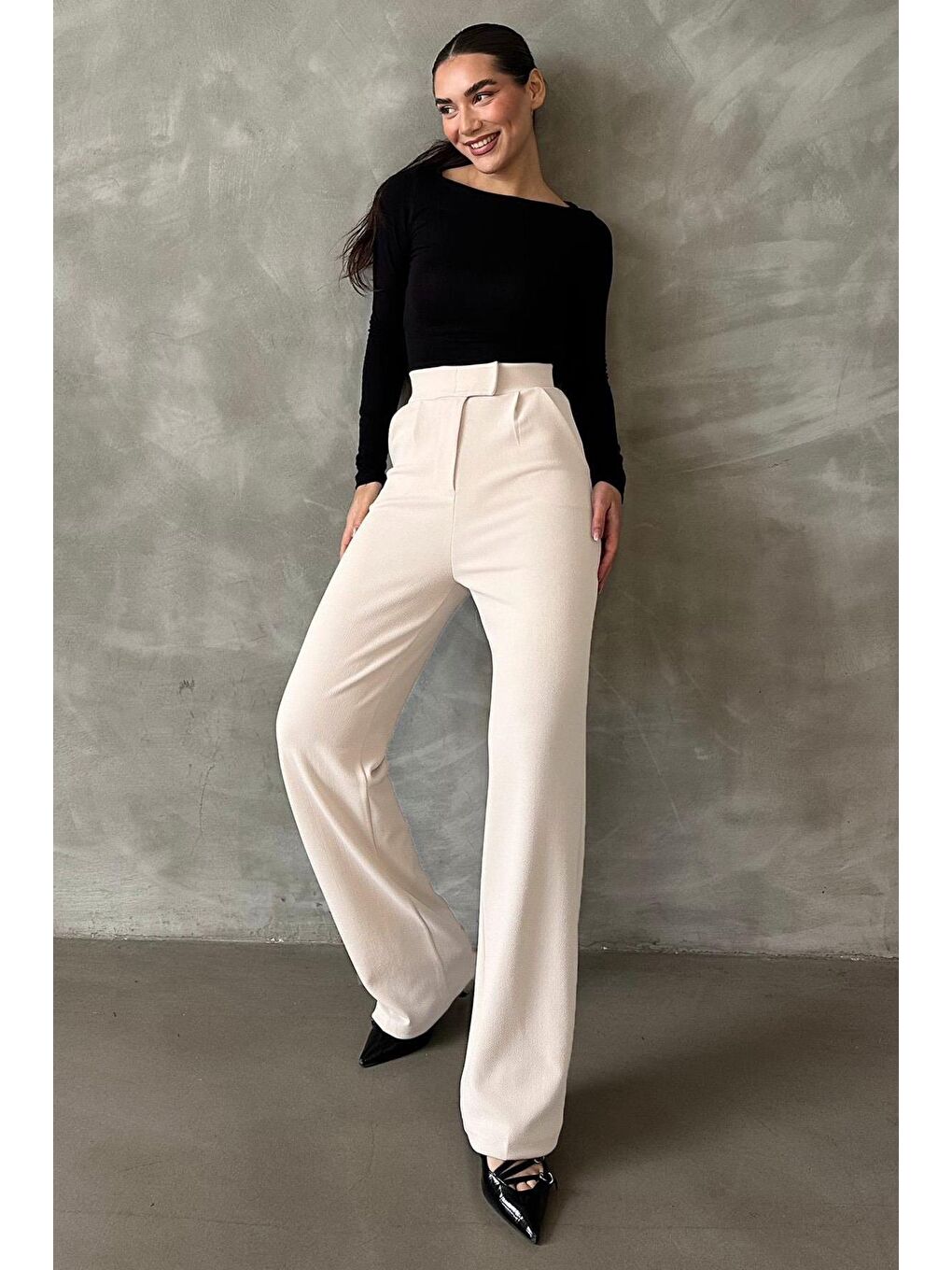 Beyaz Elastanlı Cırt Kapamalı Palazzo Pantolon Mg2291