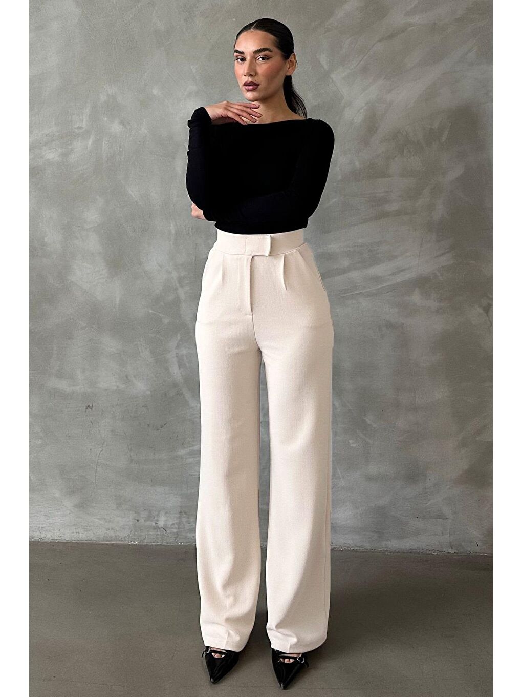 Beyaz Elastanlı Cırt Kapamalı Palazzo Pantolon Mg2291-1