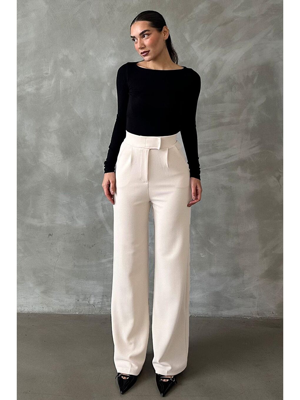 Beyaz Elastanlı Cırt Kapamalı Palazzo Pantolon Mg2291-2