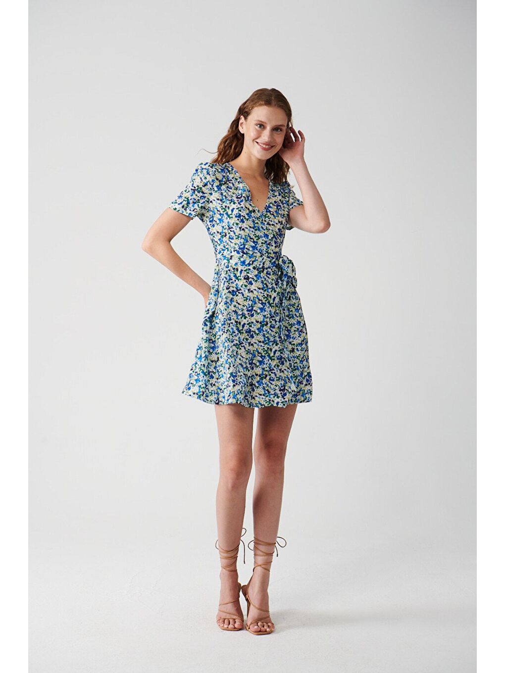 ADR Mavi Çiçek Desenli Kemerli Elbise