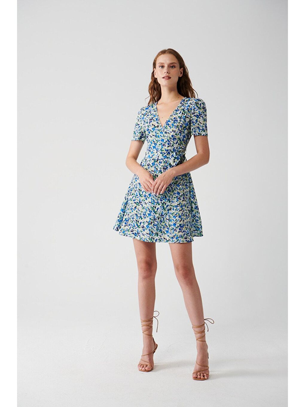 ADR Mavi Çiçek Desenli Kemerli Elbise-3