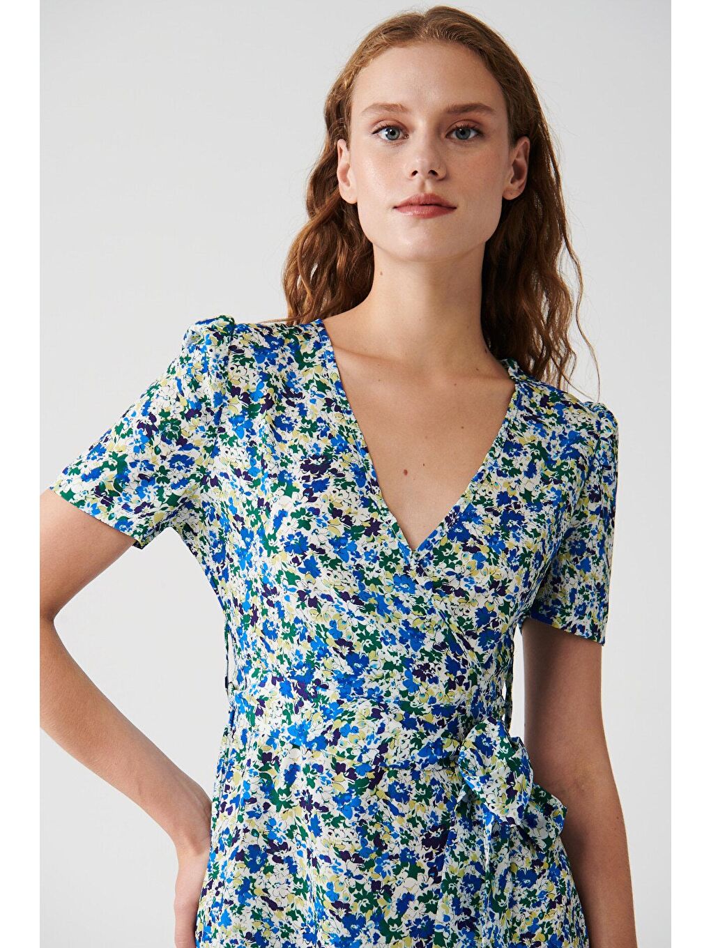 ADR Mavi Çiçek Desenli Kemerli Elbise-4