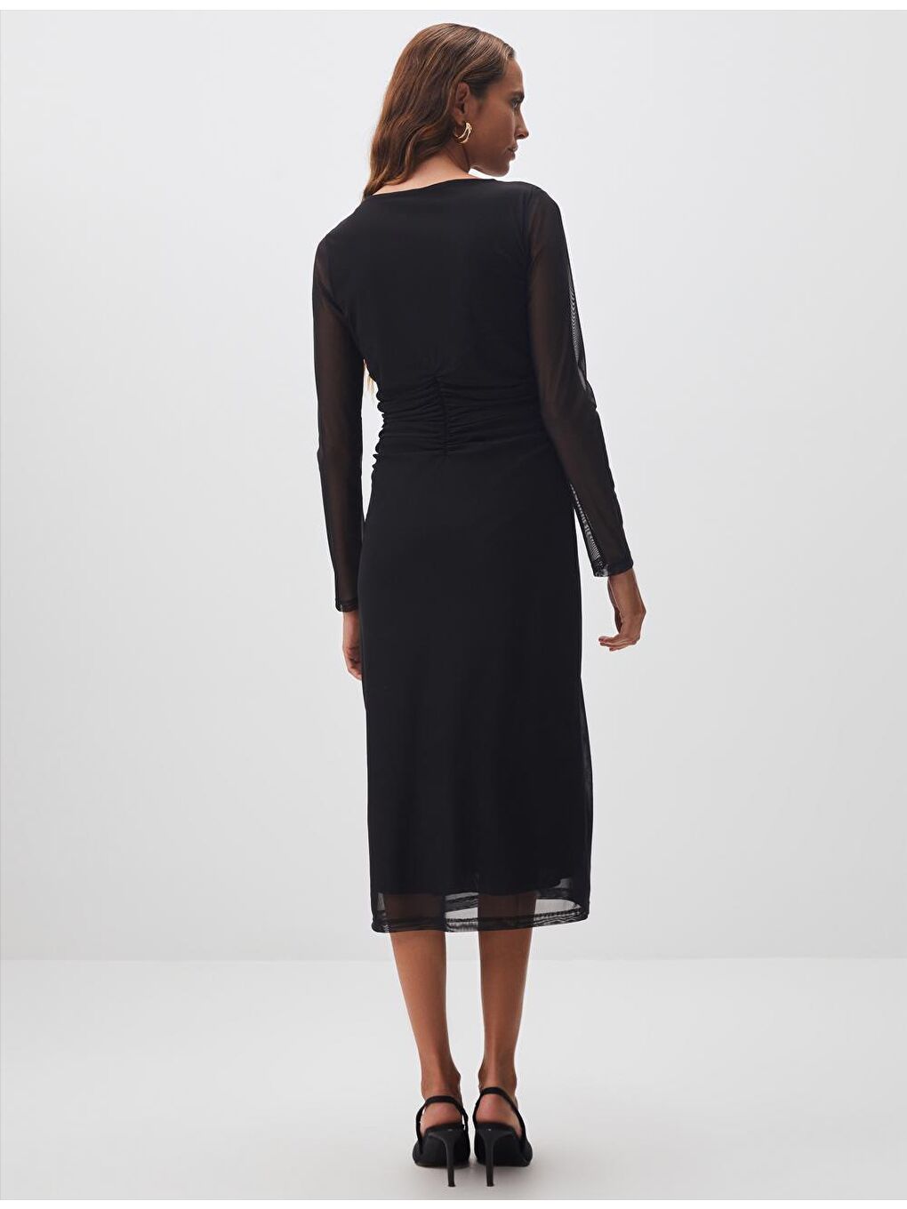 Siyah Sıfır Yaka Uzun Kollu Mesh Midi Elbise-5
