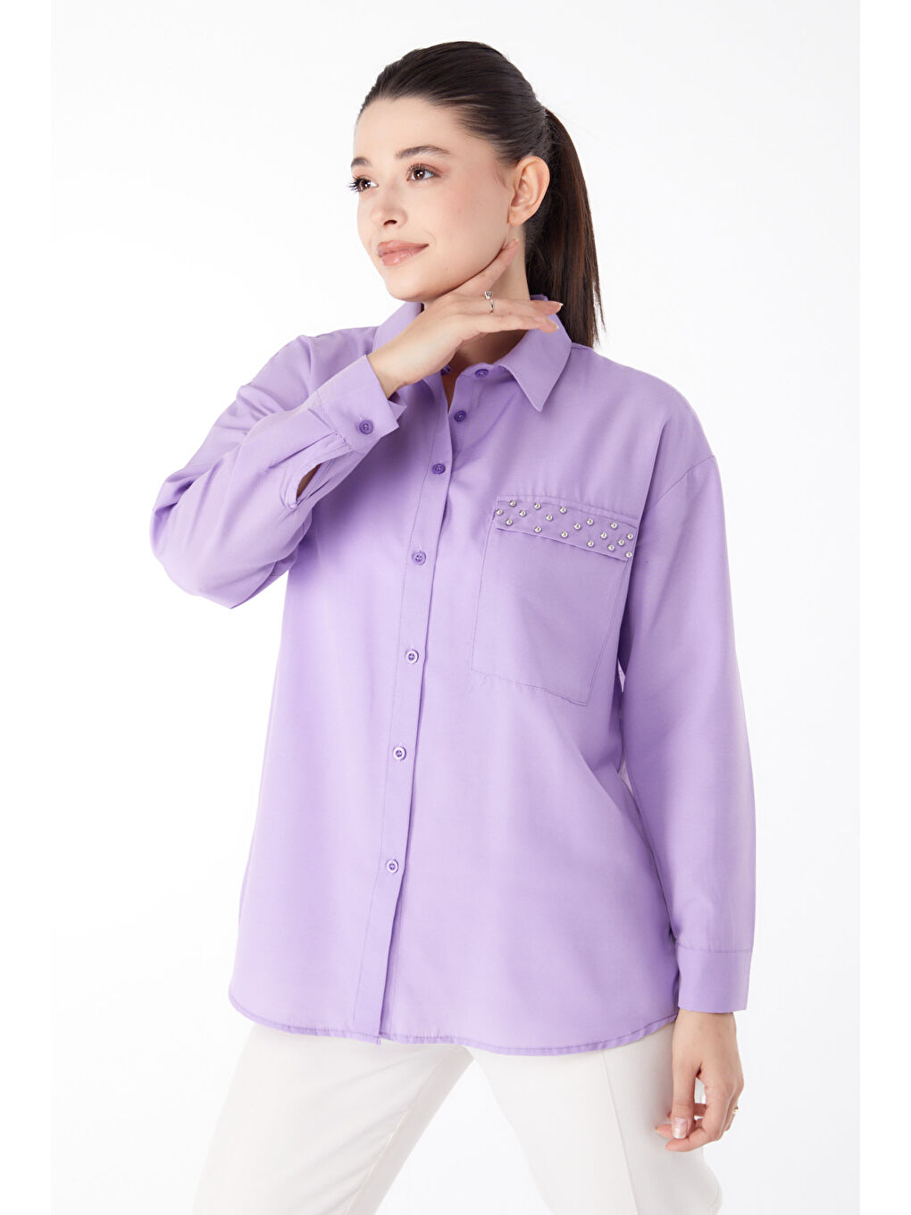 Taş Detaylı Gömlek Lila - 13194-1