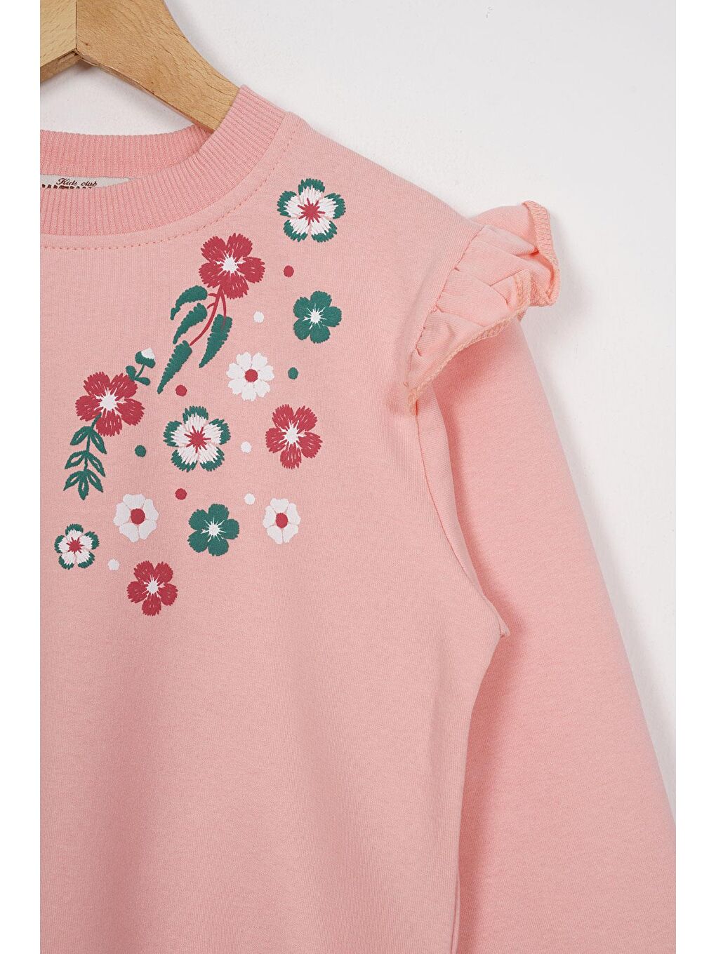 Pembe Bisiklet Yaka Uzun Kol Cıcek Nakıs Baskılı Somon Renk Kız Çocuk Ikılı Takım-1