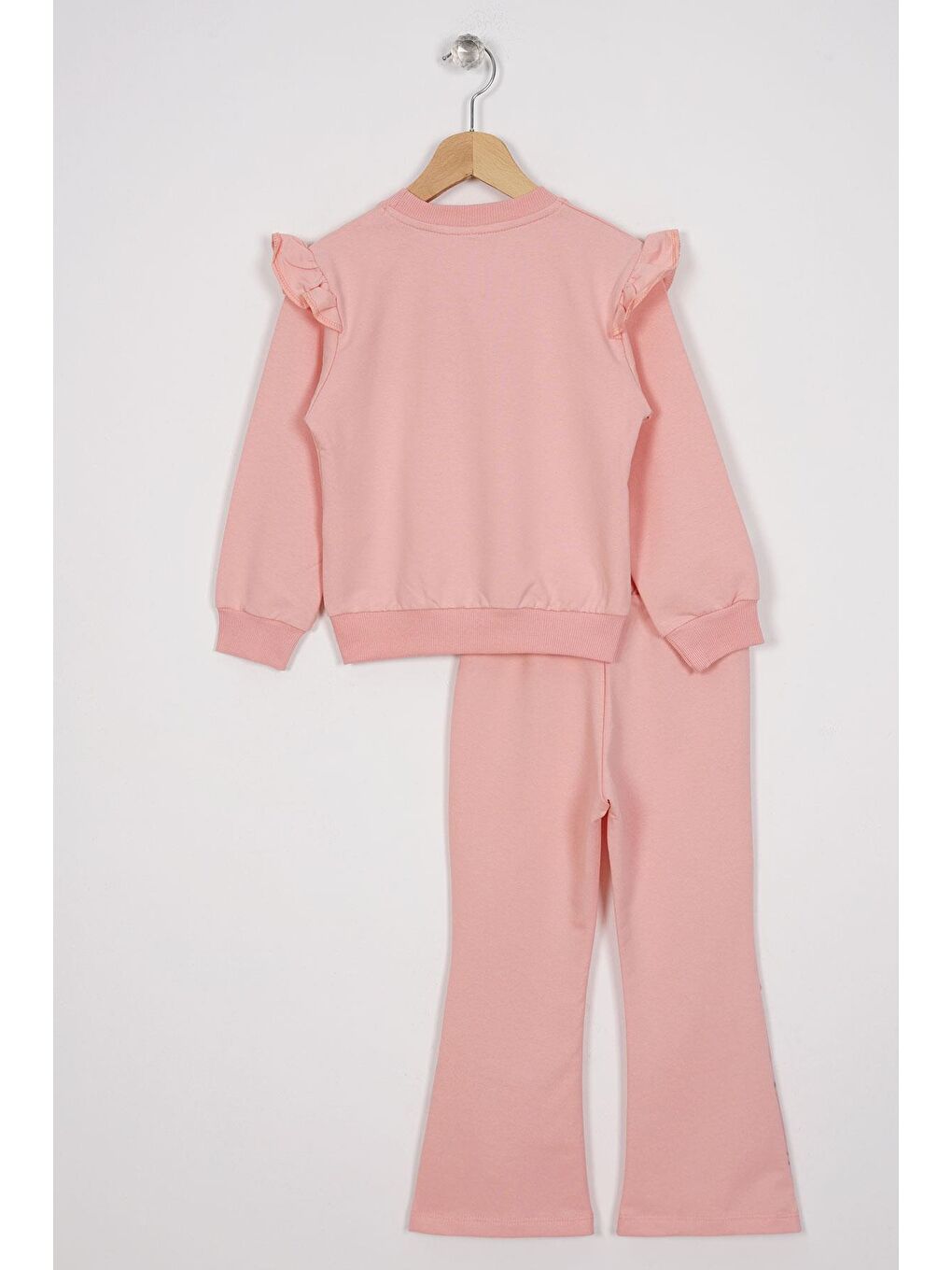 Pembe Bisiklet Yaka Uzun Kol Cıcek Nakıs Baskılı Somon Renk Kız Çocuk Ikılı Takım-2