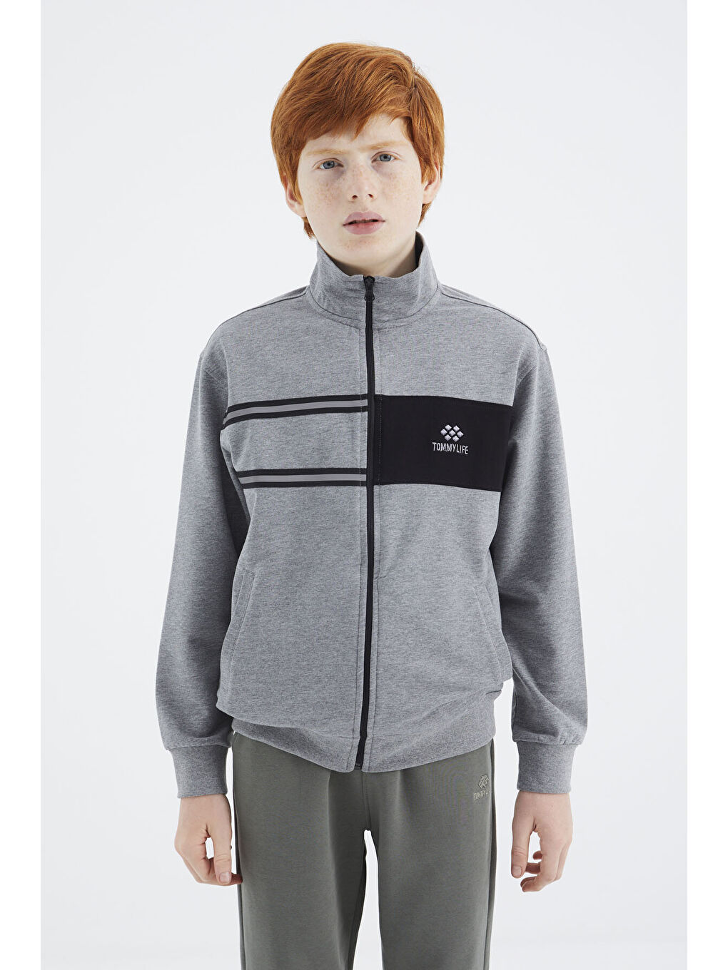 Gri Melanj Dik Yaka Erkek Çocuk Sweatshirt - 11183