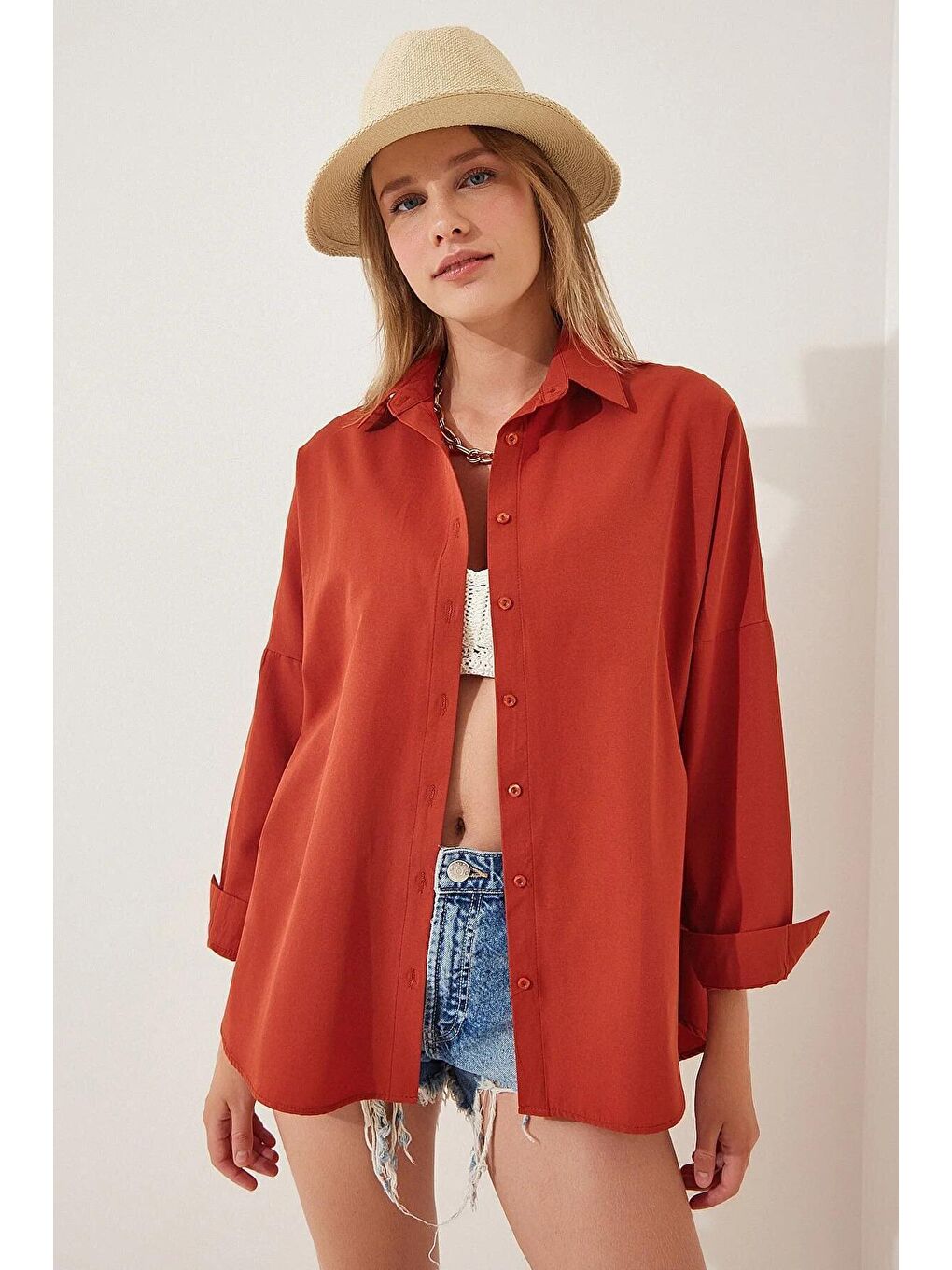 Kahverengi Kadın Kiremit Oversize Uzun Basic Gömlek HZL22W-BD139001