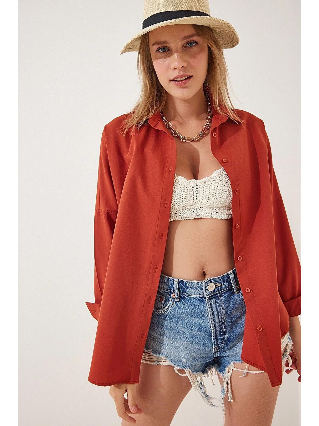 Kahverengi Kadın Kiremit Oversize Uzun Basic Gömlek HZL22W-BD139001-1