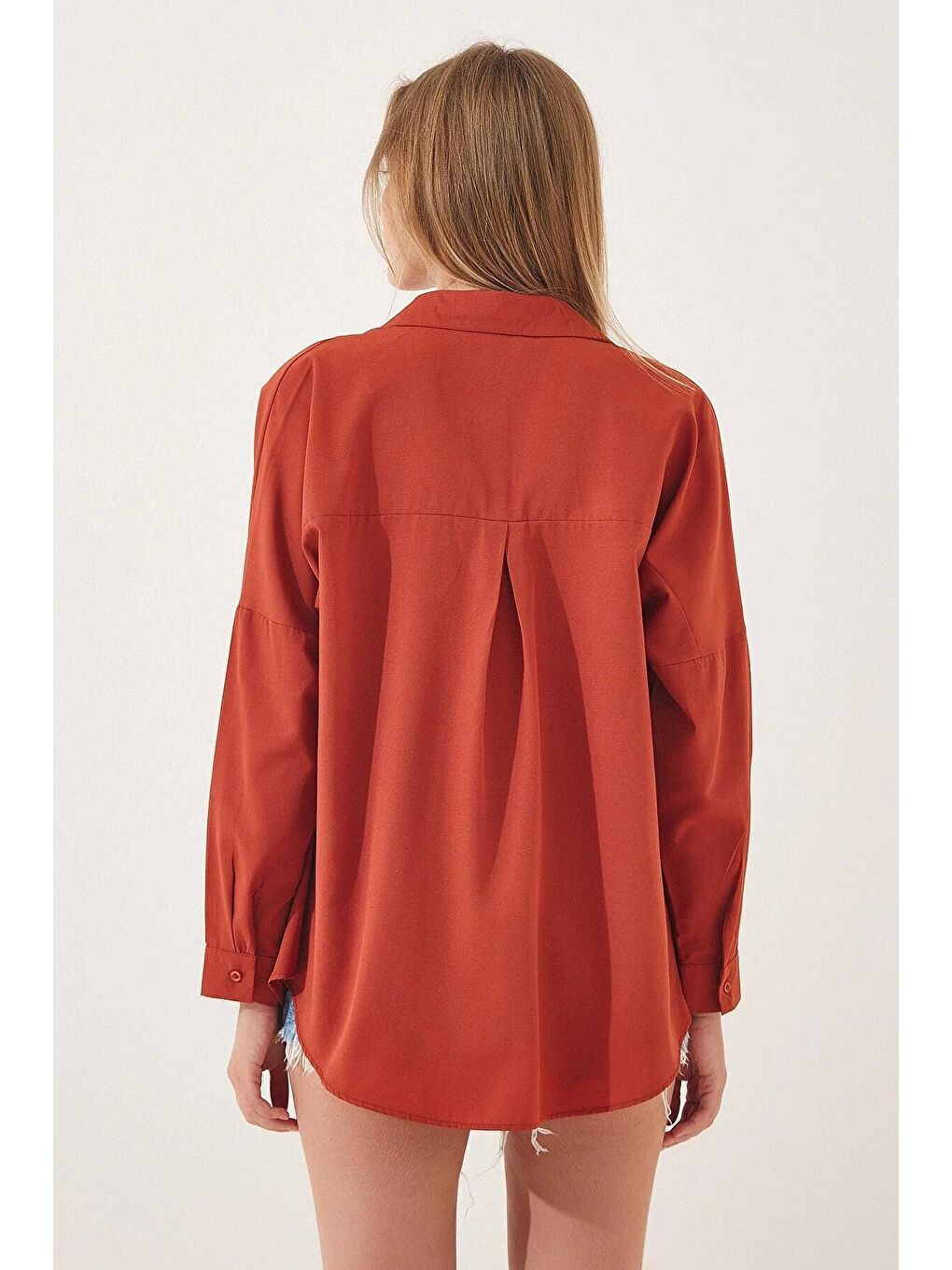 Kahverengi Kadın Kiremit Oversize Uzun Basic Gömlek HZL22W-BD139001-2