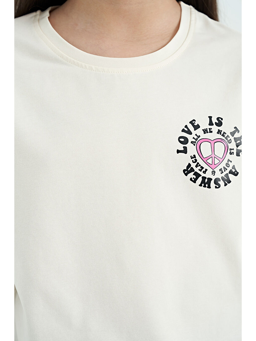 Ekru Ön Arka Baskılı O Yaka Düşük Omuz Oversize Kısa Kollu Kız Çocuk Tişört - 75126-2